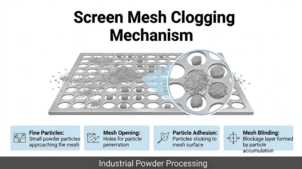 Fine powder mesh blinding during sieve screening
