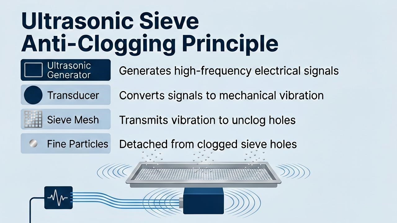 Ultrasonic vibration applied to test sieve mesh for fine powder screening