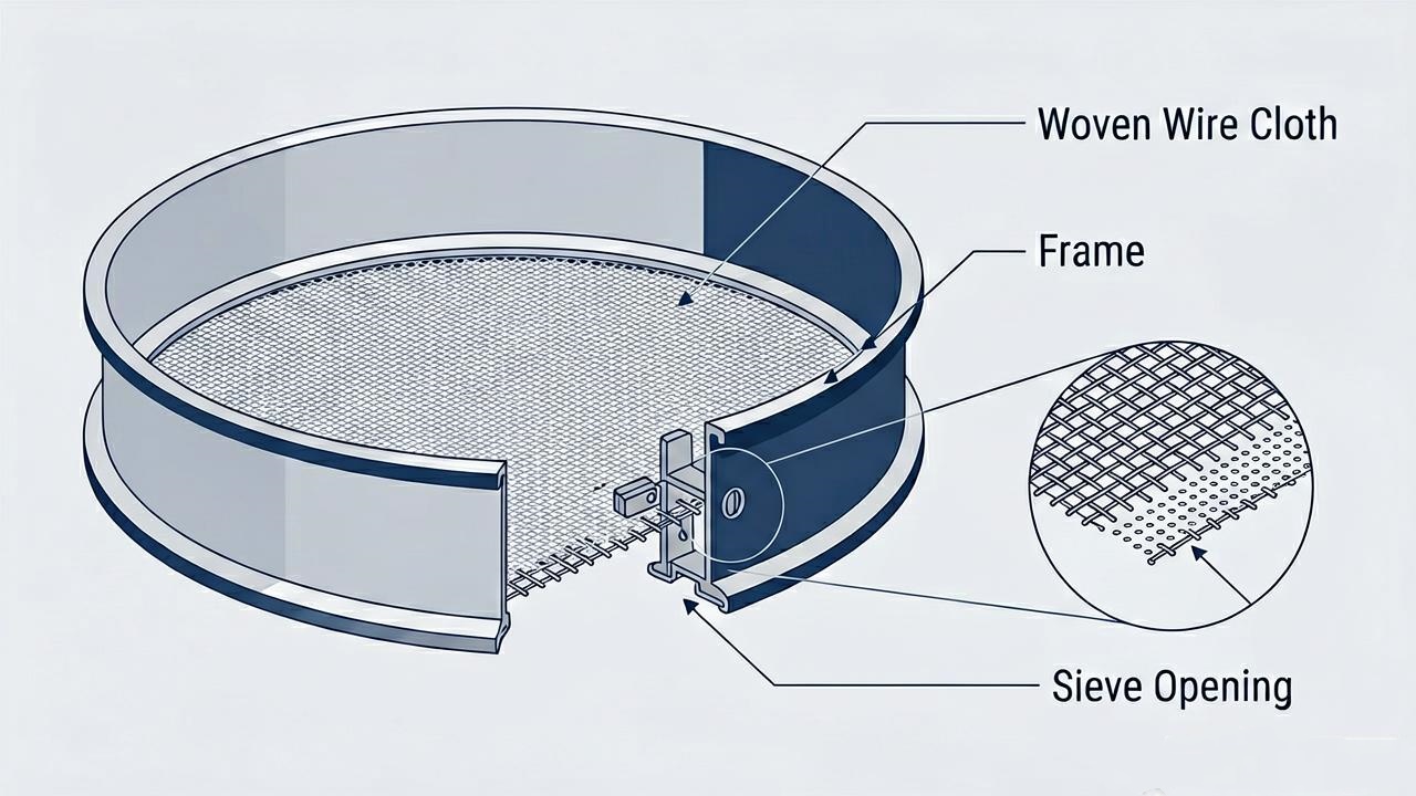 Woven wire cloth and test sieve frame construction