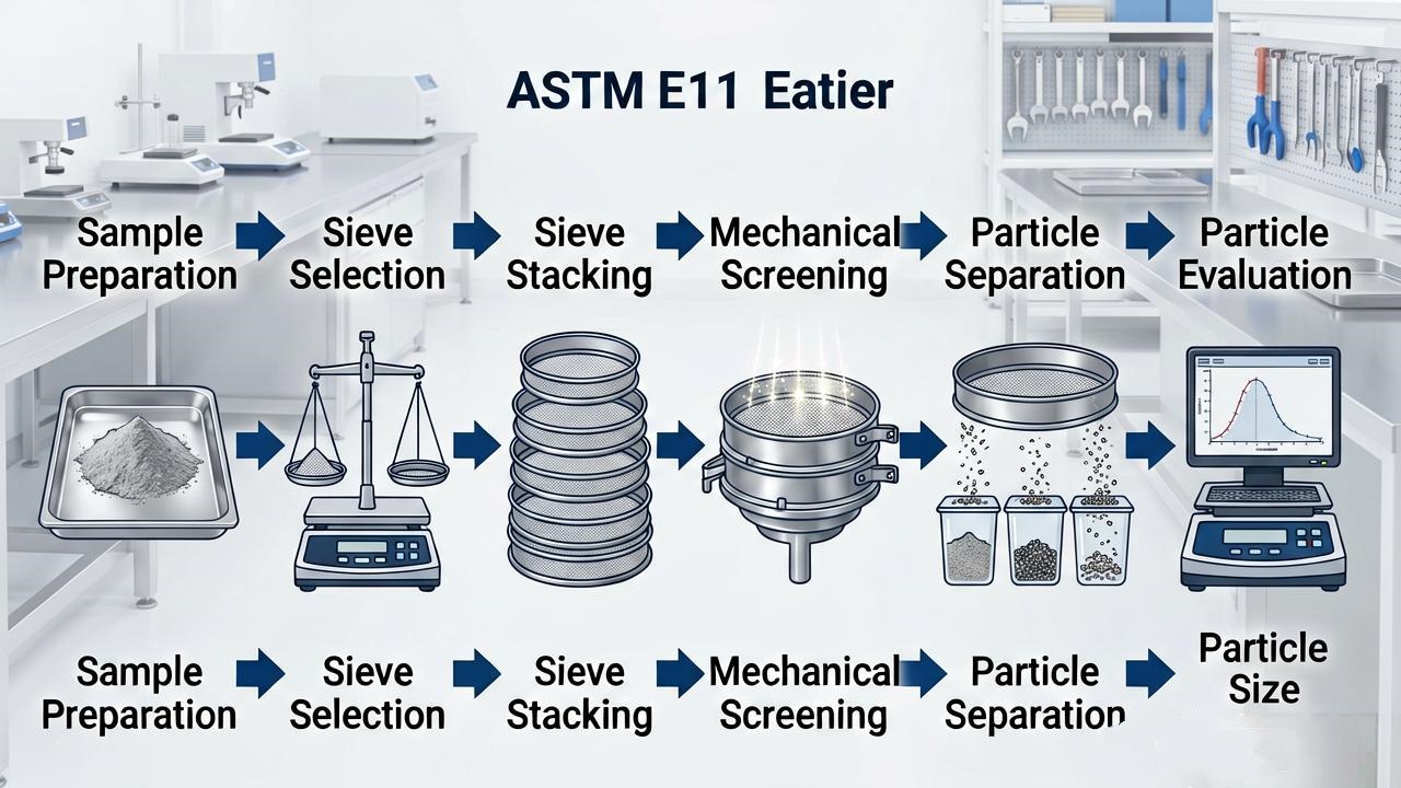 ASTM E11 particle size analysis workflow