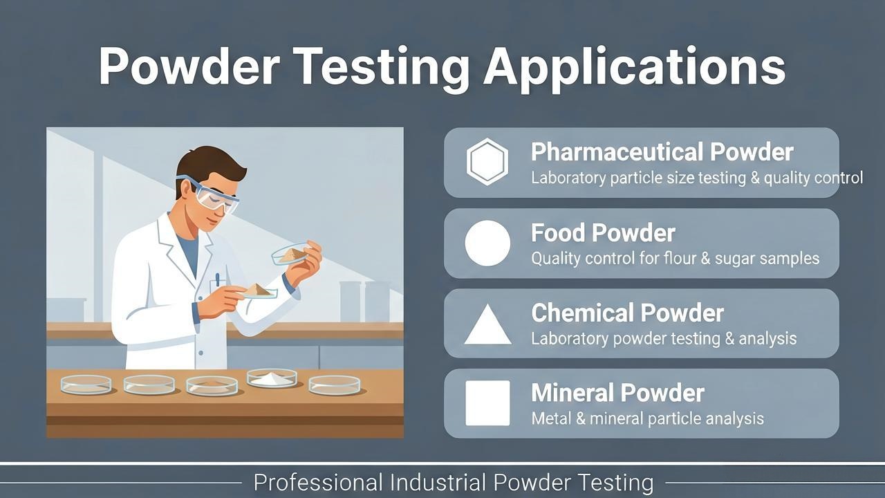 Powder particle size testing applications in pharmaceutical food chemical and mineral industries
