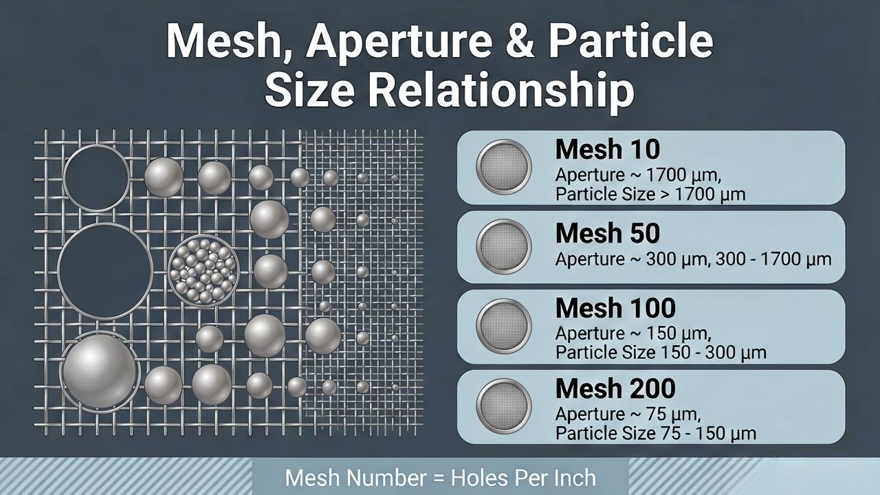 Mesh and aperture relationship for laboratory test sieves