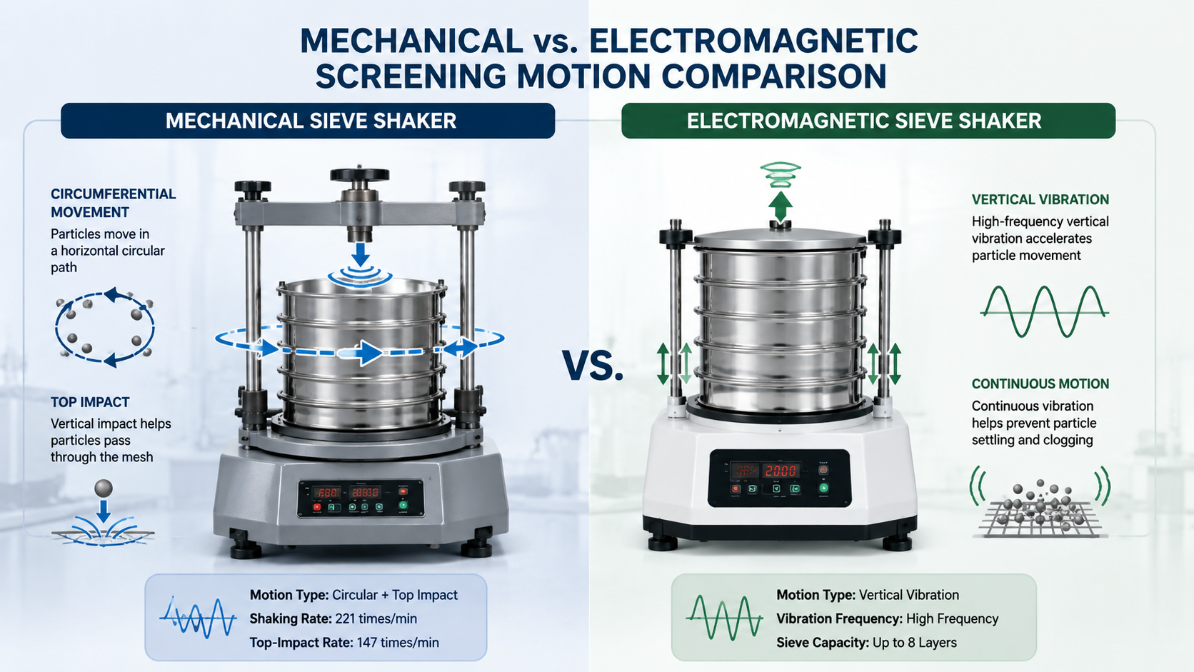 Mechanical vs electromagnetic sieve shaker screening motion comparison`