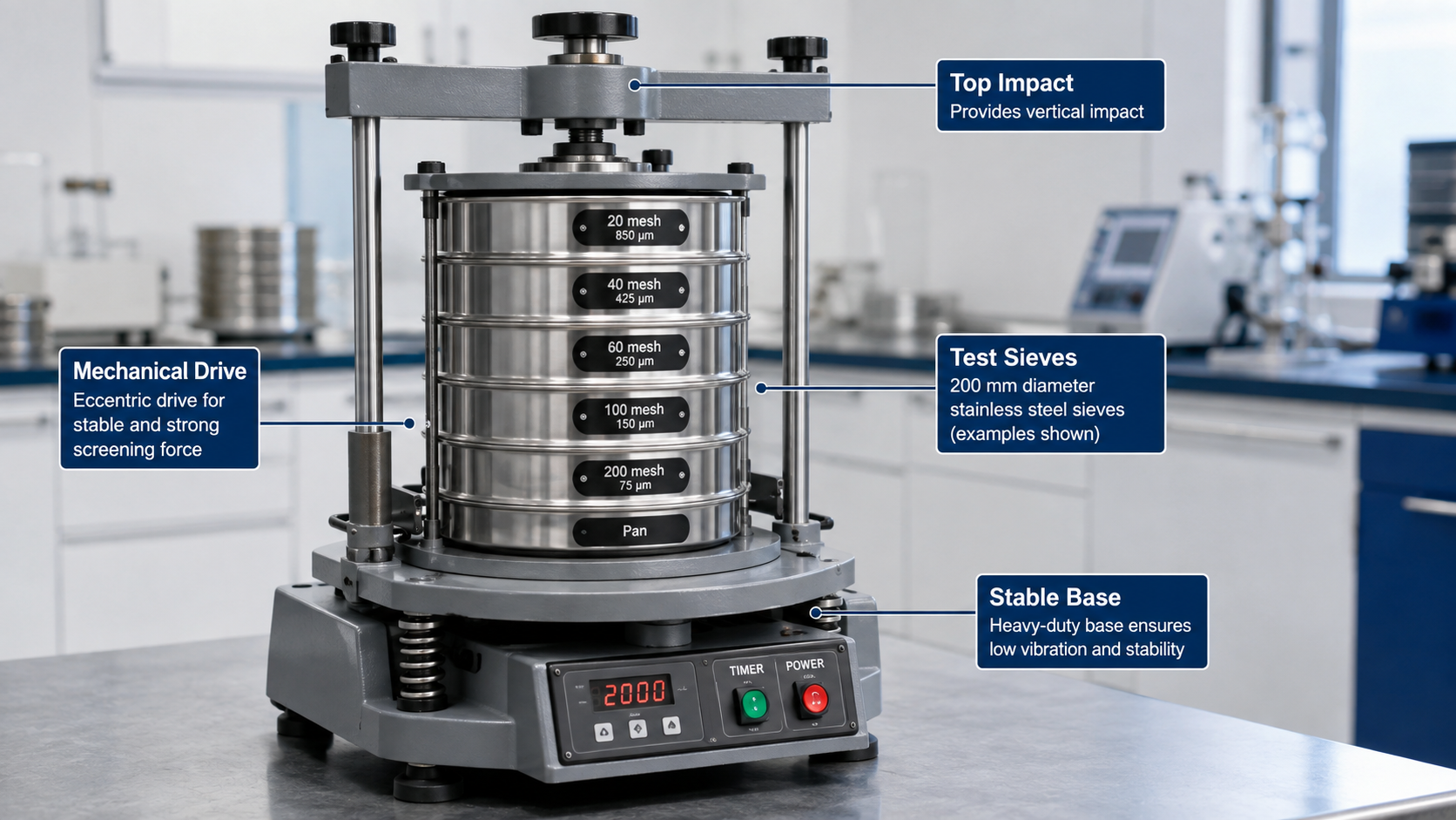 Mechanical sieve shaker with stacked laboratory test sieves