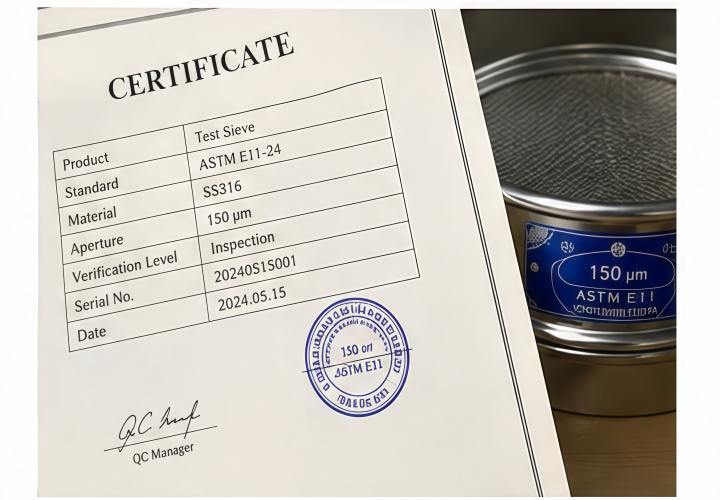 stainless steel test sieve ASTM E11 calibration and verification certificate
