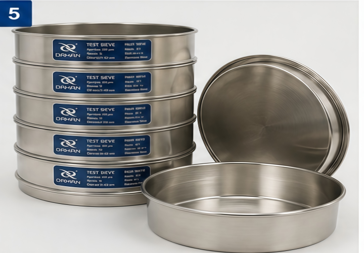 Laboratory wire mesh test sieve stack with receiving pan