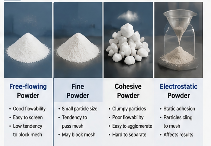 Different powder characteristics affecting sieve shaker performance