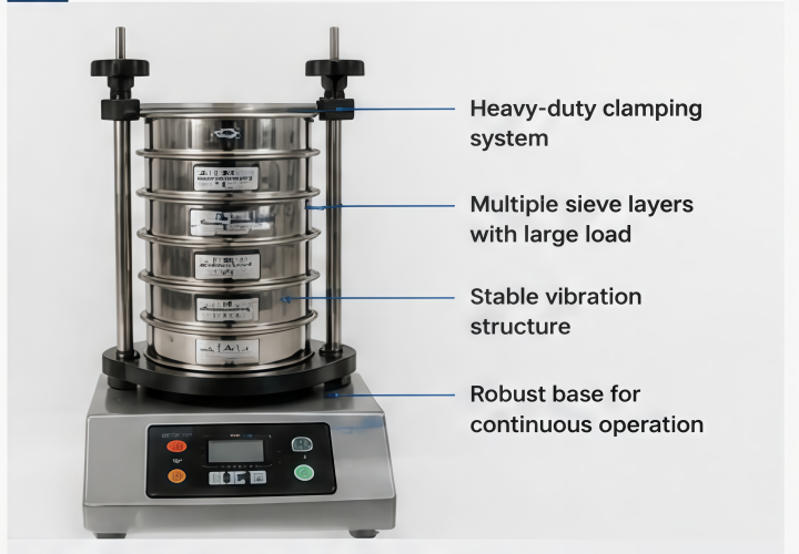 Heavy-duty sieve shaker with multiple sieve layers for powder analysis