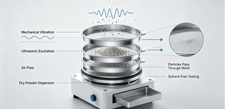 dry‑sieving‑principle‑diagram‑mechanical‑vibration‑ultrasonic‑dispersion‑dry‑powder‑passing‑through‑sieve‑mesh