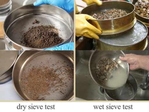 Dry sieving test pour dry powder vs wet sieving test flush sample with water